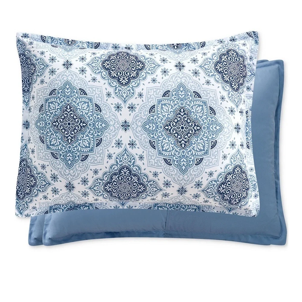 3 Piece Reversible King Comforter Set Blue and White Print